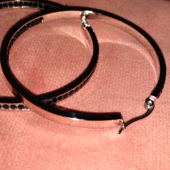 Big Black Rhinestone Silver Hoop Earrings Sparkle Hoops CZ Crystal Channel Loop - Picture 11 of 12